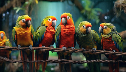 Obraz premium Vibrant macaw perching on a branch, showcasing nature colorful beauty generated by AI