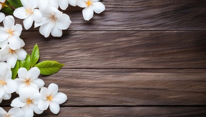 Obraz premium White jasmine flowers on wooden background. Top view with copy space