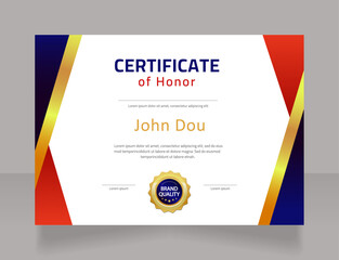 Honour certificate for winning championship design template. Vector diploma with customized copyspace and borders. Printable document for awards and recognition. Cairo, Calibri Regular fonts used