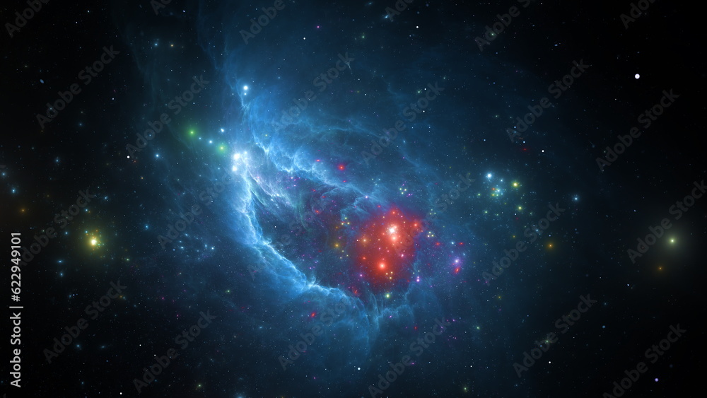 Poster amazing galaxy cluster of massive stars in space. boundless universe, gas nebula in outer space. 3d 