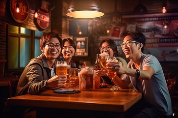 Friends from China gathered in a bar to drink beer and celebrate a meeting. Generative AI