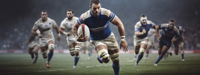  Rugby player in possession of the ball and attempting to advance. Rugby players blocking to get the ball. Rugby World Cup, France. Banner. Generative Ai content.