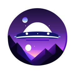 UFO in the night sky. Vector illustration in flat style.