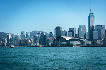 Naklejka premium Cityscape and skyline at Victoria Harbour in Hong Kong city