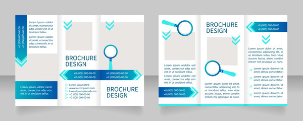Detective agency trifold brochure template design. Zig-zag folded leaflet set with copy space for text. Editable 3 panel flyers. Source Sans Variable, Myriad Pro Regular fonts used