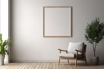White painting, white wall, wooden chair, and decoration plant