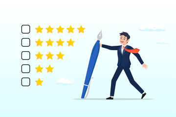 Thoughtful businessman holding pencil to evaluate star feedback, evaluation or satisfaction feedback, performance rating or customer review, giving stars quality result, rate the service (Vector)