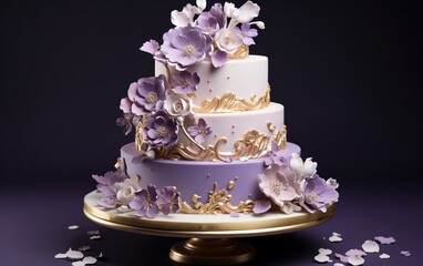 Elegant Wedding Cake Two-Tiered, Purple, and Golden Elegance Generative AI