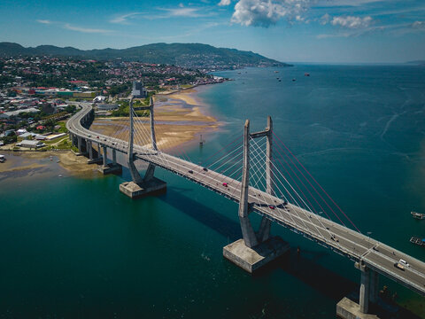 Aerial View of Merah Putih Bridge in Ambon Bay, Maluku