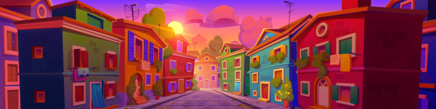 Sunset on Italy old town street cartoon vector illustration. Italian vintage house architecture and condominium apartment facade cityscape. Mediterranean suburban europe district for summer holiday