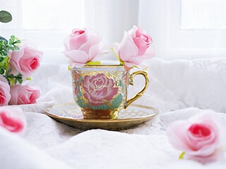 Antique cup of tea with pink rose on pink background ,Valentine's day romantic ,Mother's day ,pretty background or wallpaper ,Chinese traditional ,wedding card design ,coffee cup ,lovely love card 
