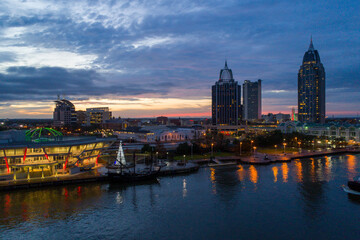 Fototapeta na wymiar Drone photography of the downtown Mobile, Alabama waterfront at sunset