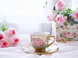 Antique cup of tea with pink rose on pink background ,Valentine's day romantic ,Mother's day ,pretty background or wallpaper ,Chinese traditional ,wedding card design ,coffee cup ,lovely love card 