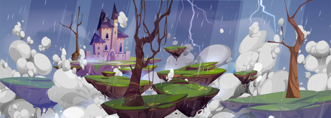 Cartoon rain game background with fantasy castle. Scary halloween landscape with thunderstorm and lightning above floating rock island in sky. Creepy magic dracula chateau with tower on gloomy weather