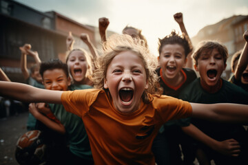 children football team celebrating victory. Generative AI, Generative AI