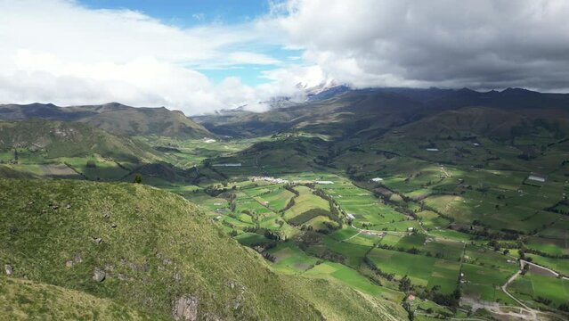 Drone shot of andes mountains with fields in the background