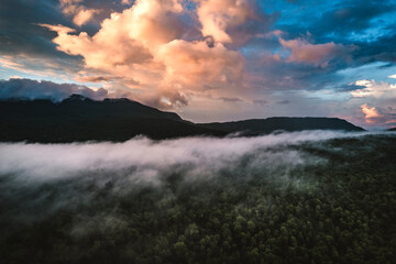 Aerial image of thunderstorm clearing over Bigelow, Maine at sunset.
