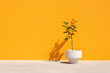 Minimalist Tree grows in a pot background Bright green branch is lying on orange wall background Flat lay Modern minimalistic mockup with empty space