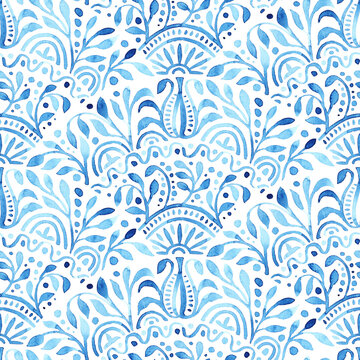 Seamless blue and white watercolor pattern. Wavy ornament of seigaiha. Bohemian print for textiles, packaging, home decor. Handmade.