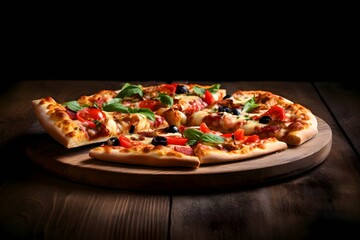 Pizza on a wooden board and table, side view, black background.