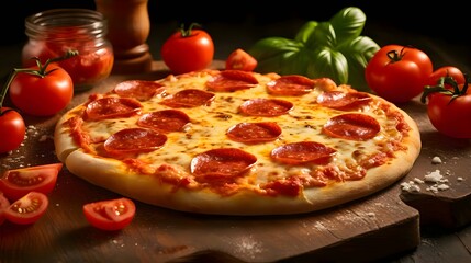 Photo of pizza on a wooden board and table, side view.