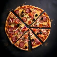 Photo of pizza on wooden board and table, top view