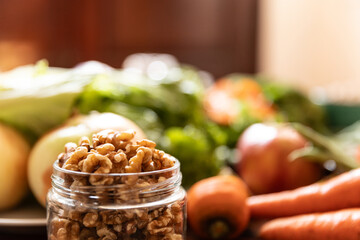 Healthy vegan food. Fresh vegetables on wooden background.