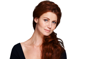 Beauty, hair style and skincare with portrait of woman on png for red head, cosmetics and salon treatment. Makeup, haircare and glow with face of person isolated on transparent background for shampoo
