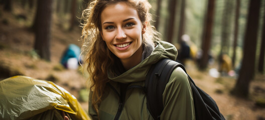 Image AI. young woman volunteer cleaning forest of garbage, Generative AI