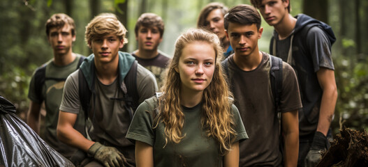 Image AI. group of teenagers cleaning forest, Generative AI