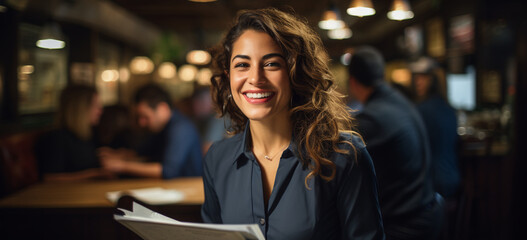 Image AI. Portrait of a young waitress working in a restaurant, Generative AI