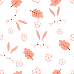 Seamless pattern with bunny rabbit cartoons, Autumn leaf and cute flower on white background vector illustration.