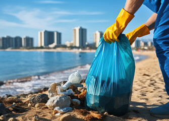 Person with gloves removing trash from the beach. Generative AI, Generative AI
