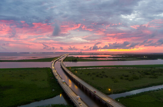 Pink sky at sunset on Mobile Bay, Alabama
