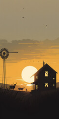 ai generated illustration wheat field , wing mill and store