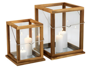 Two Candlestick Lanterns for home and terrace garden Frame acacia tree Glass transparent Stainless...