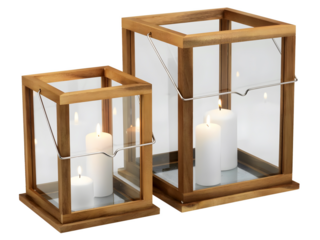 Two Candlestick Lanterns for home and terrace garden Frame acacia tree Glass transparent Stainless steel White candles Interior and exterior element Design Romance Cosiness isolated on white