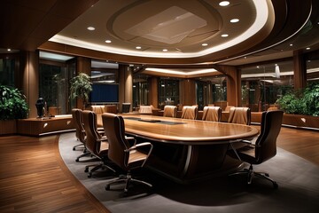 Fototapeta premium A business conference room in warm and wood tones. Great for articles and presentations about business, finance, meetings, teams, marketing and more. 