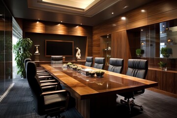 A business conference room in warm and wood tones. Great for articles and presentations about business, finance, meetings, teams, marketing and more. 