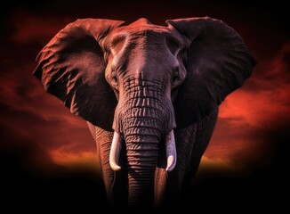 Elephant standing in front of intense sunset. Generative AI.