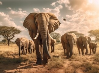 Fototapeta na wymiar Elephant standing in front of intense sunset. Generative AI.