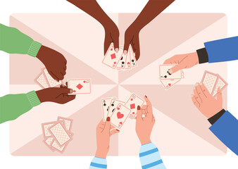 Hands of people playing cards, top view on the table. Vector flat illustration, gambling card game.