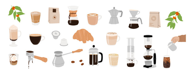 Collection of coffee equipment for manual brew methods isolated vector cliparts. Hand drawn illustrations for coffee shop. Different type of coffee cups, pour over, french press, aeropress, siphon.