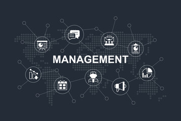 Corporate management word concept design template with icons. Infographics with text and editable white glyph pictograms. Vector illustration for web banner, presentation. Montserrat font used