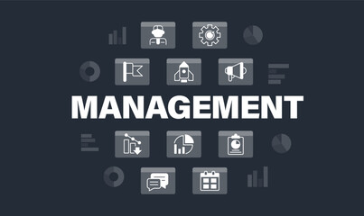 Fototapeta premium Data management word concept design template with icons. Infographics with text and editable white glyph pictograms. Vector illustration for web banner, presentation. Montserrat font used