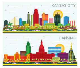 Lansing Michigan and Kansas City Missouri City Skyline Set.