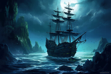 horror background, a ghost ship at sea