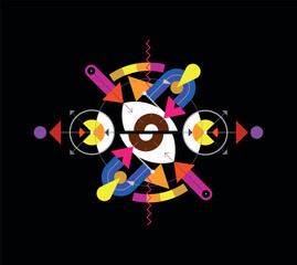 Abstract design includes a human eye divided into two halves, geometric shapes, rounds and arrows. Colored vector image isolated on a black background.