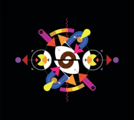 Gordijnen Abstract design includes a human eye divided into two halves, geometric shapes, rounds and arrows. Colored vector image isolated on a black background. ©  danjazzia