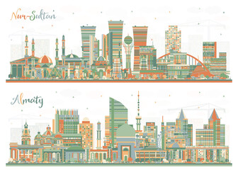 Naklejka premium Collection of Kazakhstani Cities. Almaty and Nur-Sultan Kazakhstan City Skyline Set with Color Buildings.